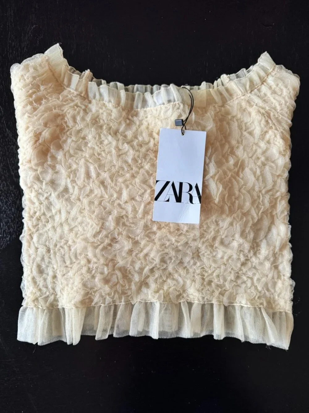 ZARA Crinkle Long Sleeve Crop Top – Boat Neck – Semi‑Sheer – NWT – Size S